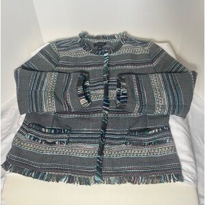 Women’s Halogen Stripped Multicolored Boho Fringe Long Sleeve Jacket Size Medium